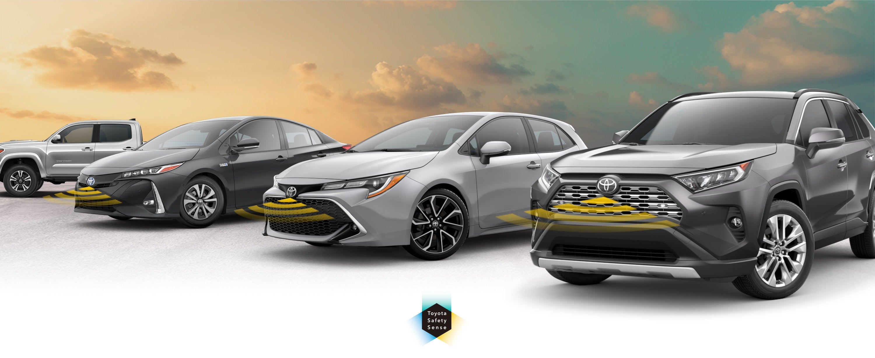 Toyota Safety Sense: Designed for Safety. Options shown on Toyota models including RAV4, Tacoma, and Camry, available now at Van-Trow Toyota in Monroe LA.